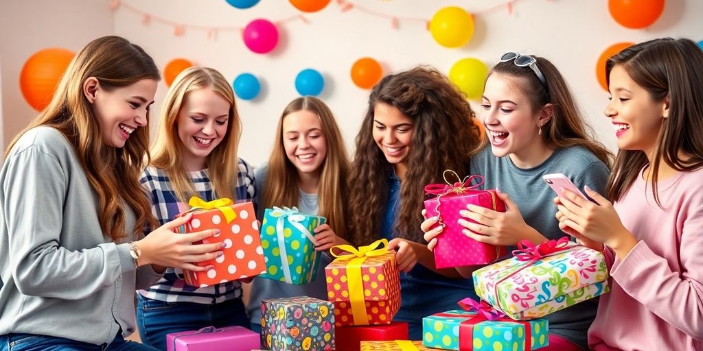 Teens unwrapping colorful gifts at a lively party.