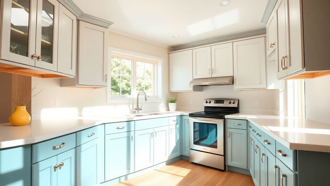 Newly painted kitchen cabinets with modern hardware.