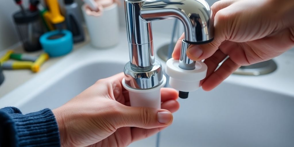Hands installing shiny mixer tap and white sink waste.