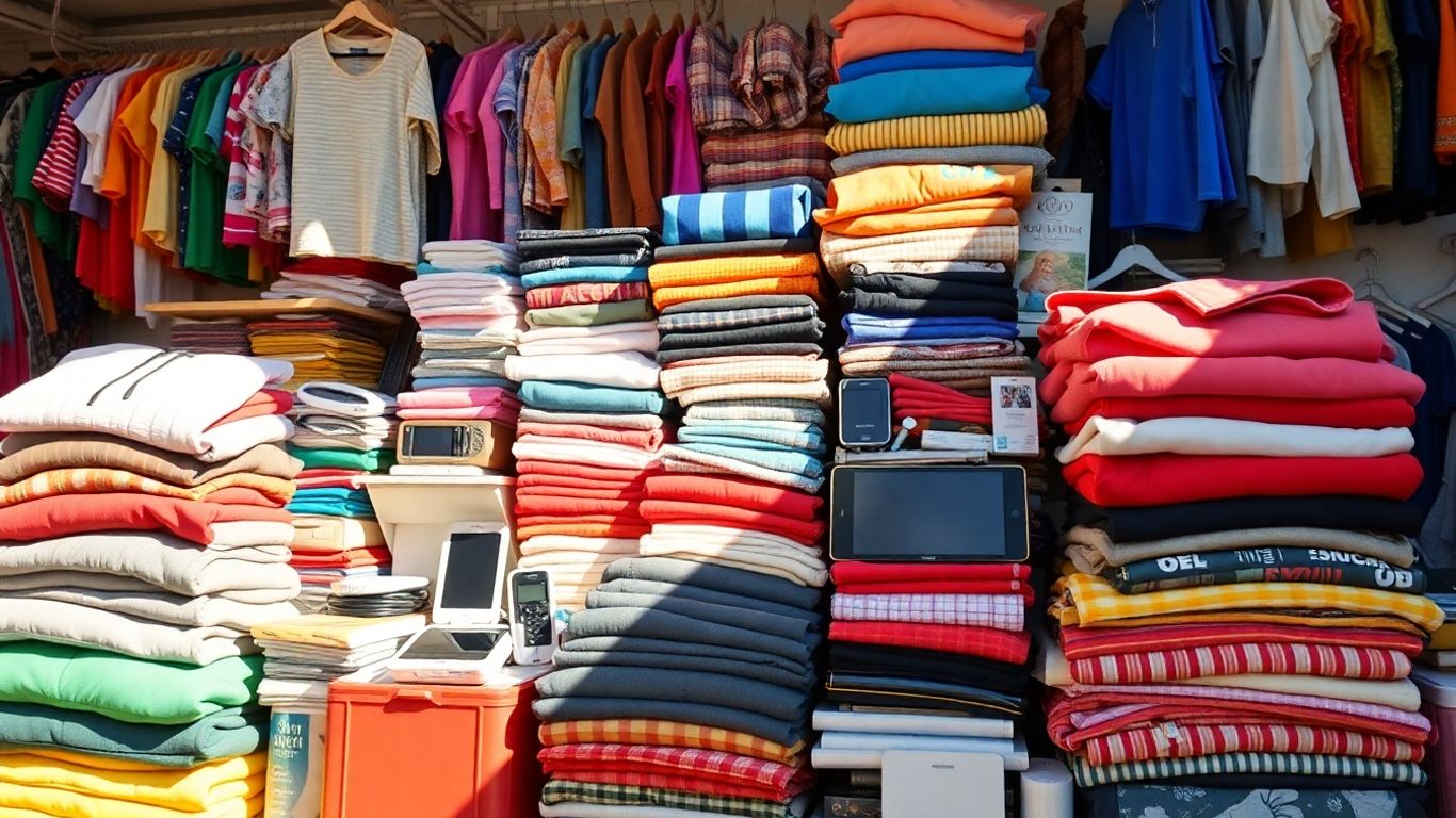 Stacks of retail products, sunlight, profit