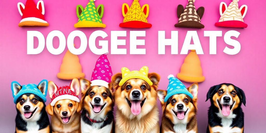 Colorful Doge hats displayed on playful dogs.