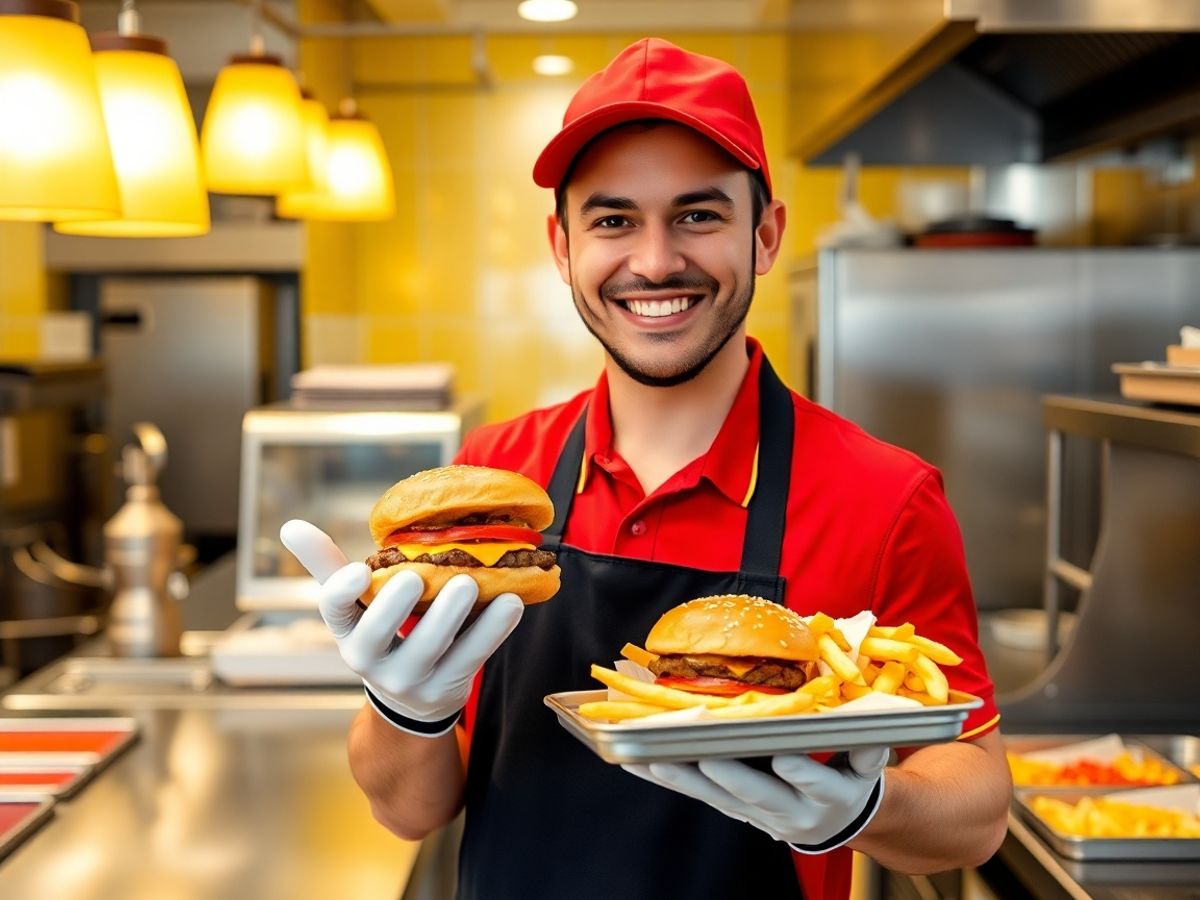 Antreprenor zâmbitor ținând tava cu burger și cartofi prăjiți crocanți