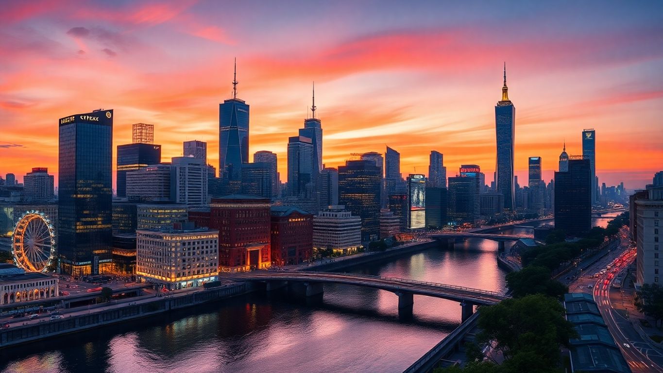Cidade iluminada à noite com reflexos no rio.