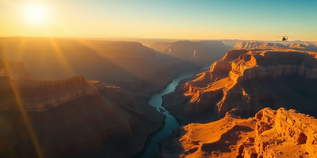 A helicopter flying over the vast Grand Canyon at sunset.