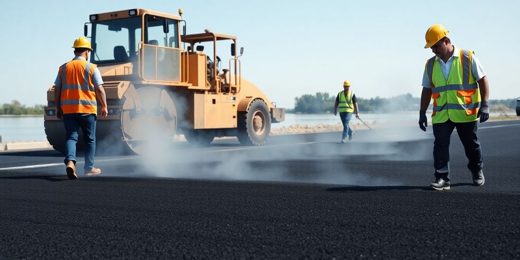 Construction workers on asphalt job site