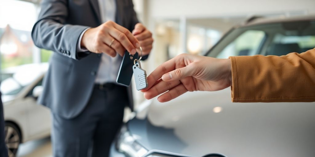 Person handing car keys to a dealership representative.