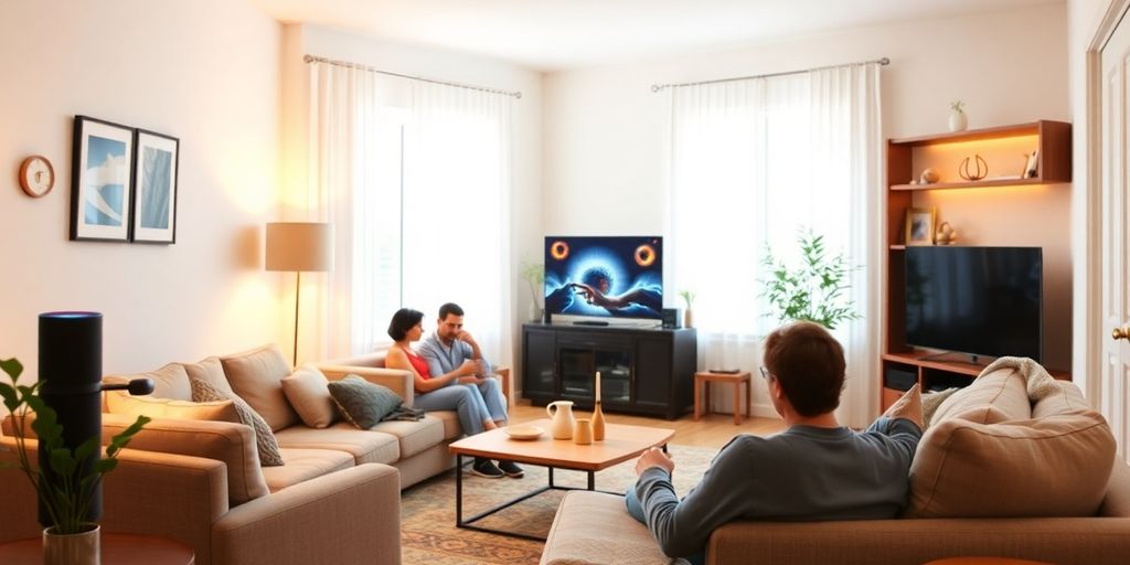 Sala moderna com dispositivos domésticos inteligentes.