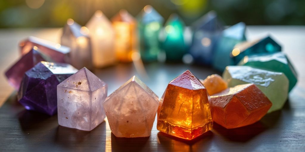 Cristalli colorati disposti in cerchio su legno