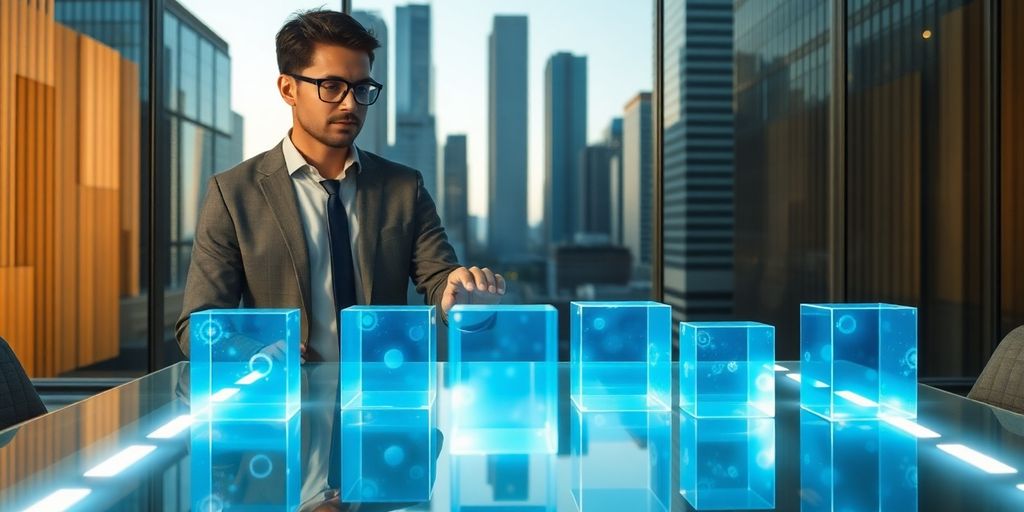 Executive using holographic cubes in modern glass office at desk.