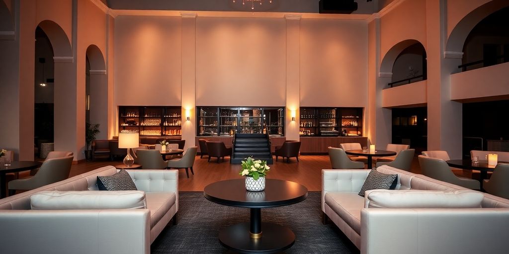 Elegant Dallas venue with modern decor and ambient lighting.