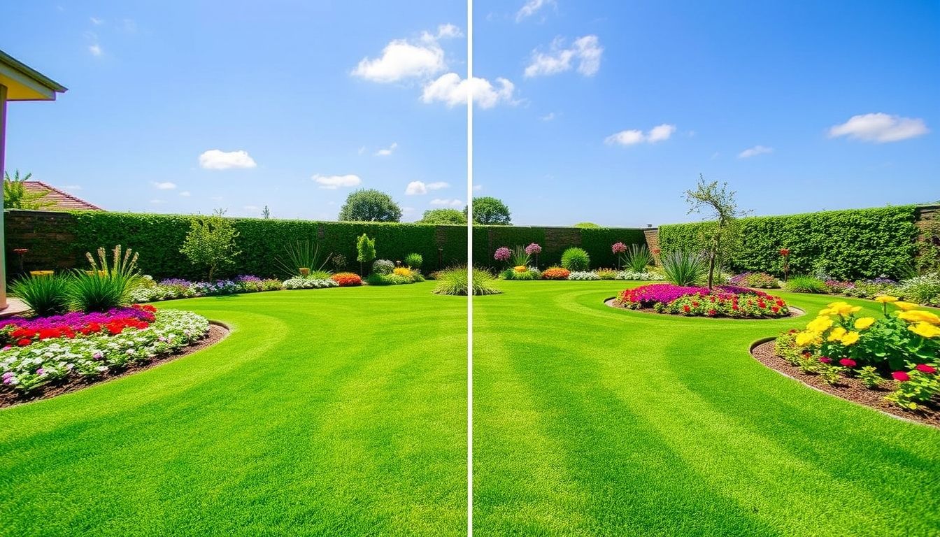 Lush garden with green turf and colourful flowers