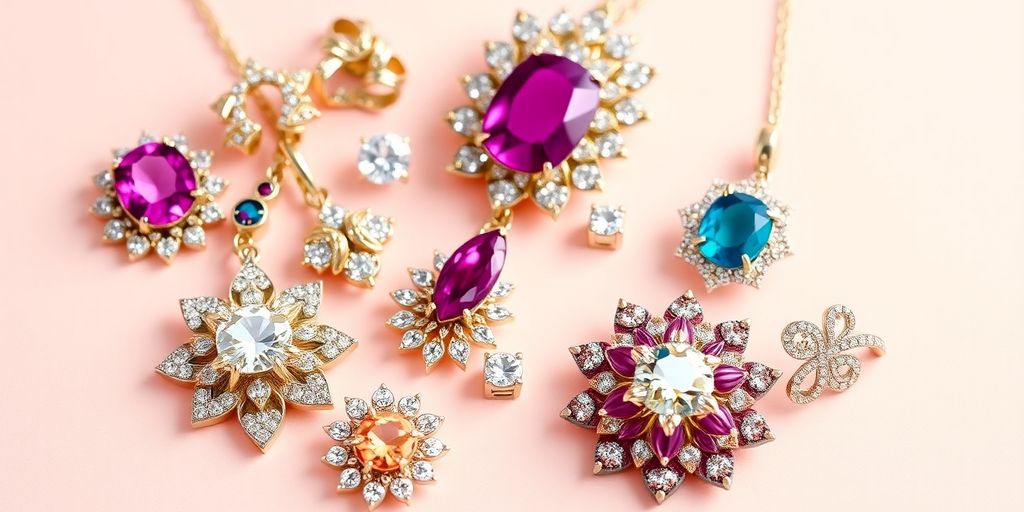 Elegant jewelry pieces from James Michelle in a soft setting.