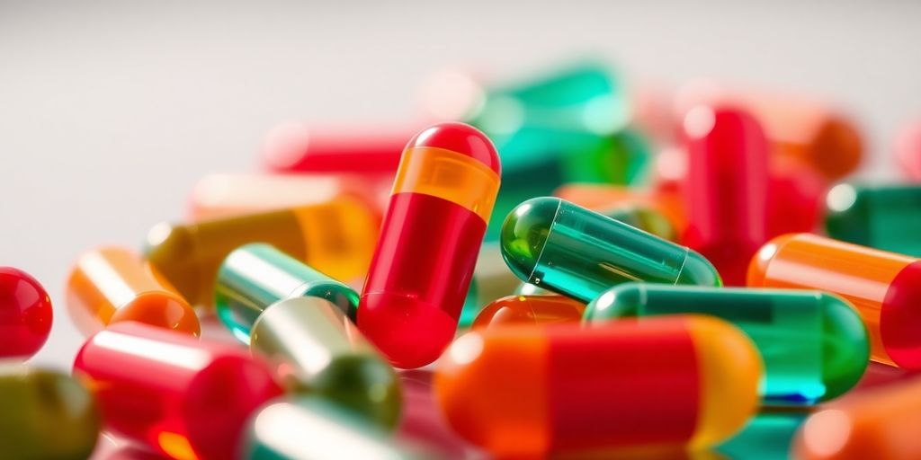 Cápsulas de Ozenfit em fundo desfocado.