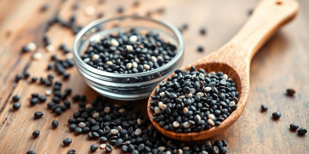Bowl of black and white chia seeds on wooden table