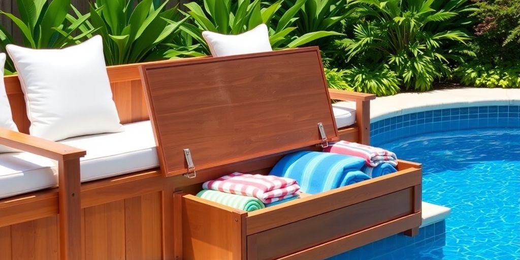 Stylish backyard with DIY pool storage bench