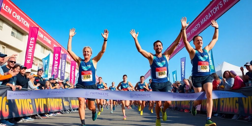 Runners celebrating at a marathon finish line.