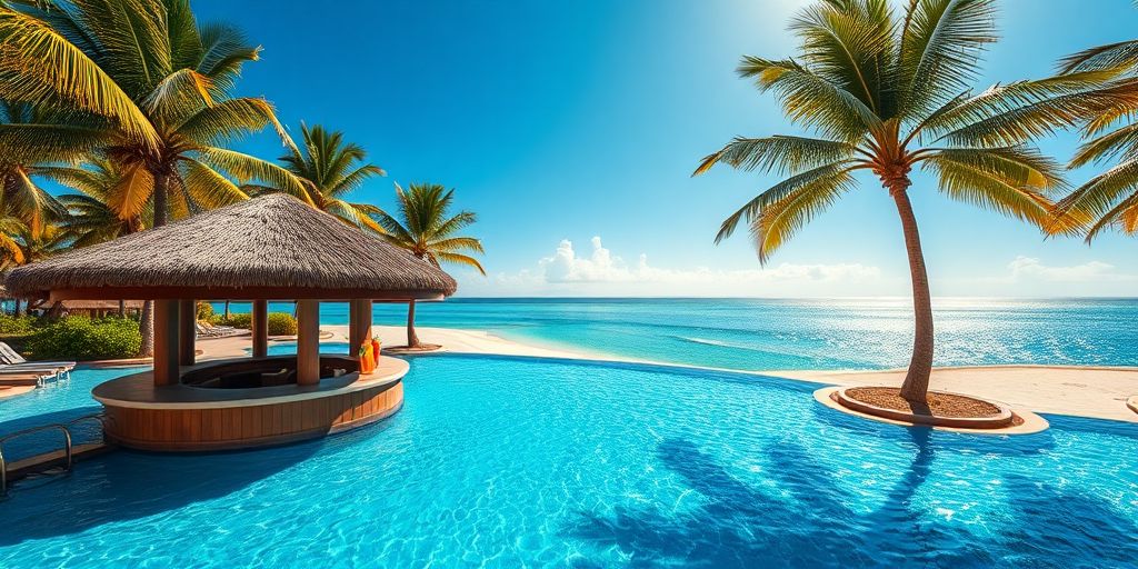 Luxury resort pool with swim-up bar and ocean view.