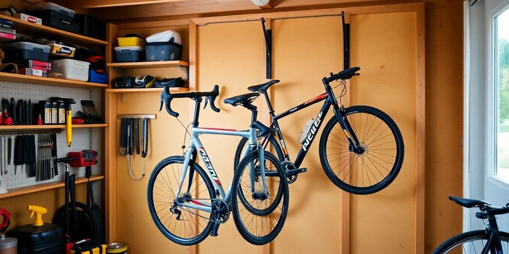 Two bikes mounted on a wall in a shed.