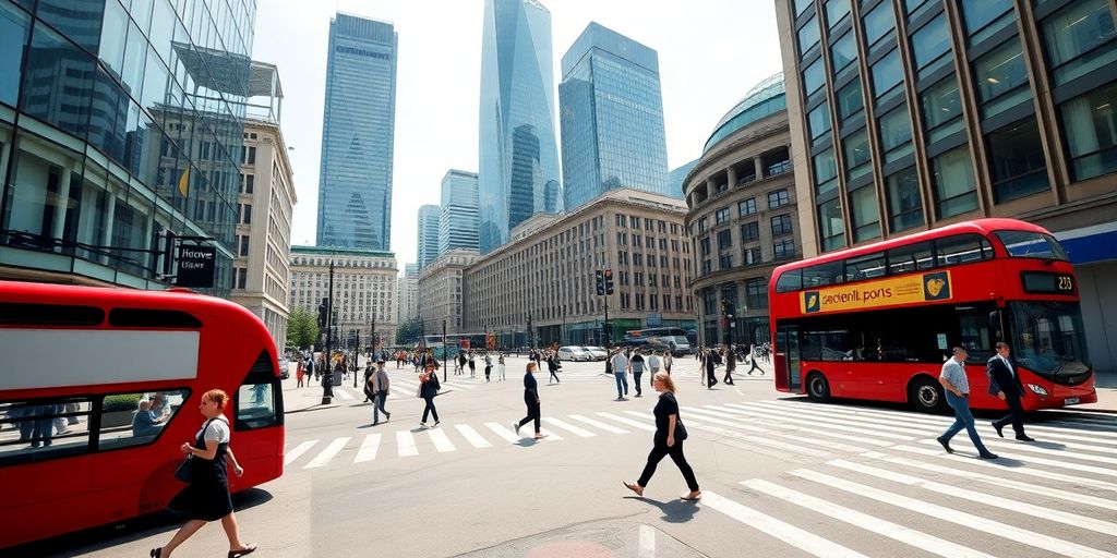 Bustling London intersection, modern architecture, people walking.