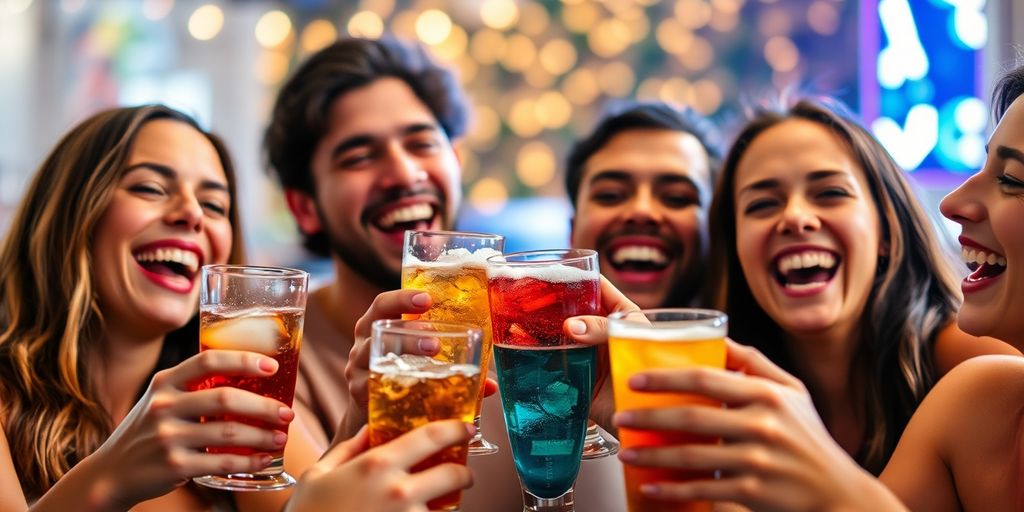 People laughing with drinks