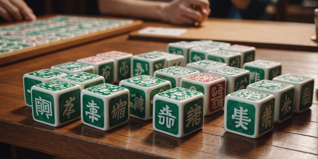 People playing with oversized Mahjong tiles on a table.