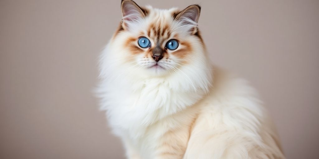 Fluffy Ragdoll cat with blue eyes sitting.