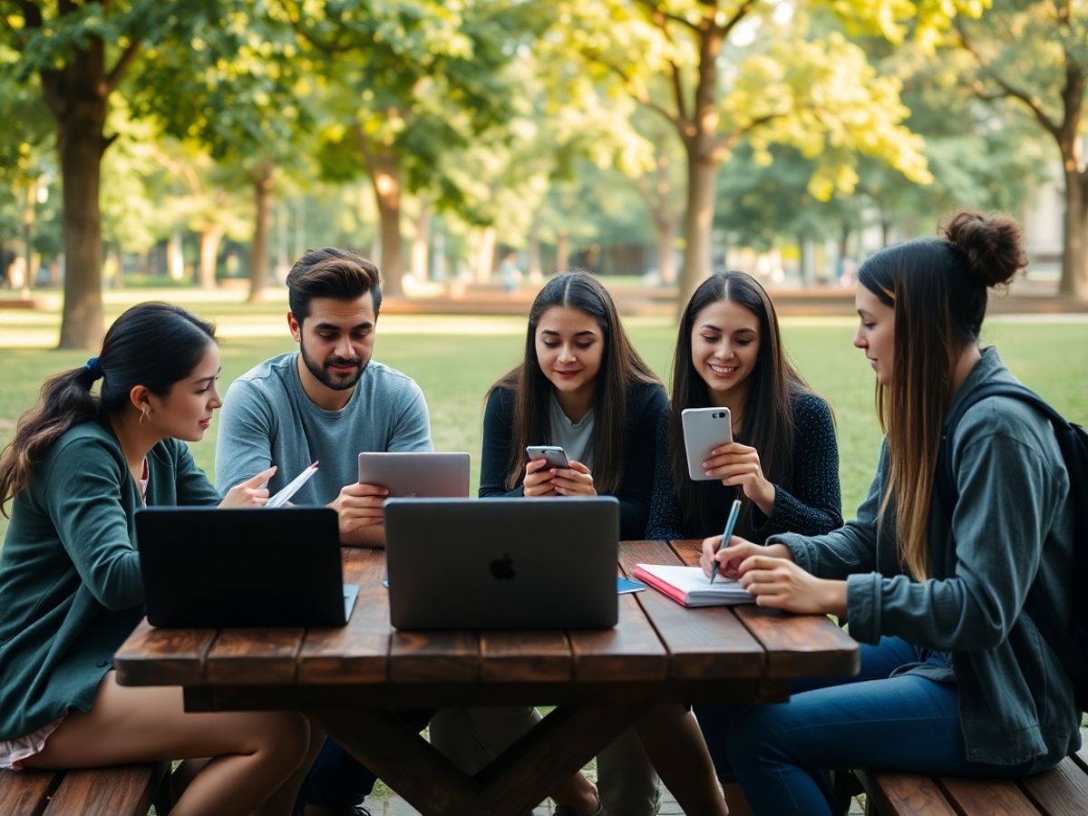 Tineri diverși discutând afară, cu laptopuri și smartphone-uri la masă