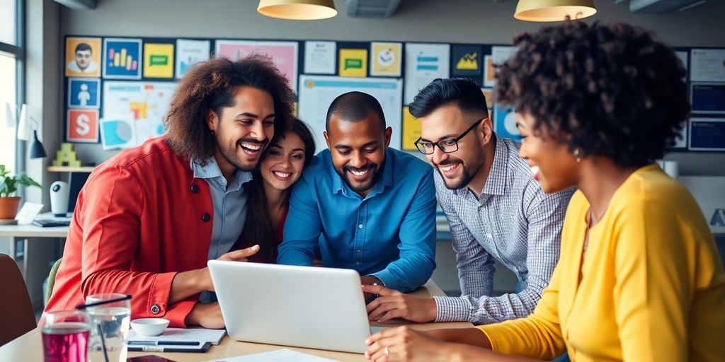 Diverse professionals collaborating on digital marketing strategies.