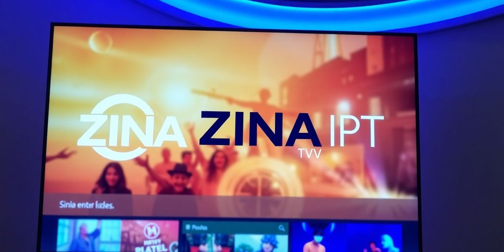 شعار ZINA IPTV وخلفية شاشة جهاز تلفزيون.
