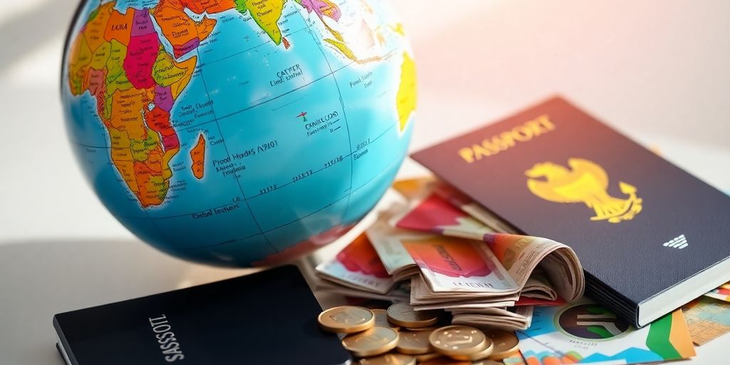 Globe with passport and currency.
