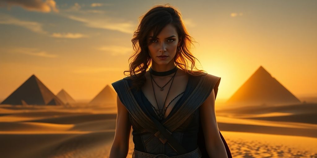 Rachel Weisz in iconic Mummy outfit against pyramids backdrop.