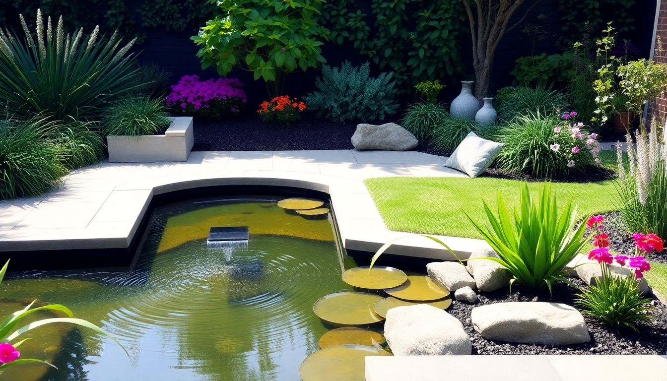Modern garden with water feature and lush greenery.