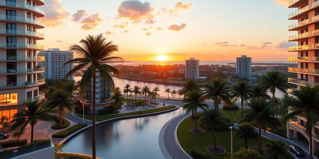 Luxury condos in Aventura, Florida during a vibrant sunset.