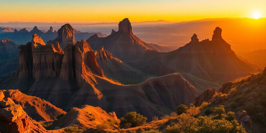 Unusual travel destination landscape with unique formations at sunrise.