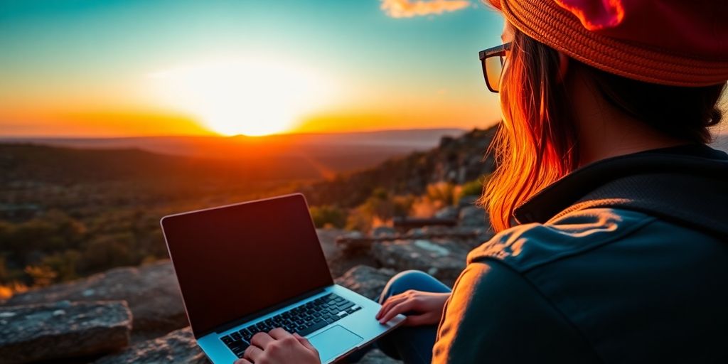 Backpacker working on a laptop in a scenic landscape.