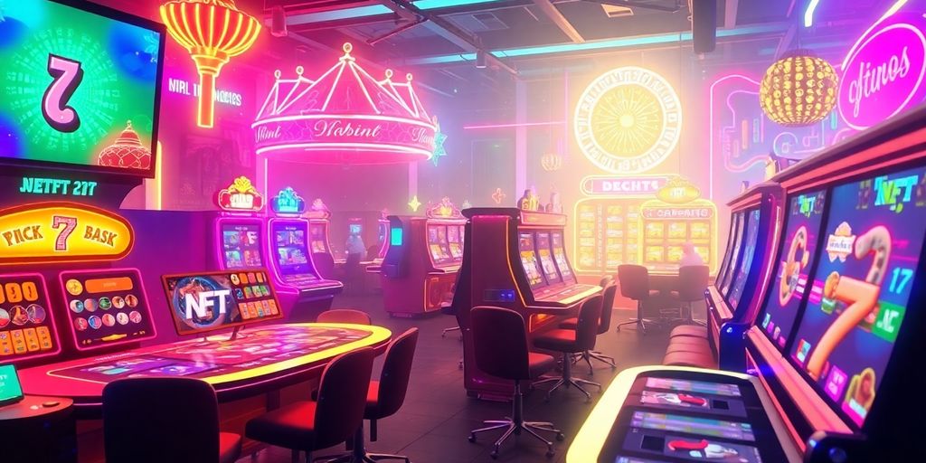 Vibrant casino scene with digital NFTs and gambling elements.