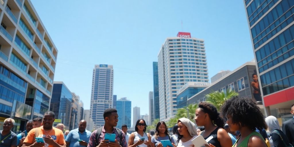 South African skyline, people connecting, devices, vibrant marketplace