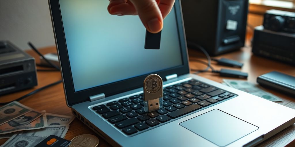 Hand inserting coin-shaped USB drive into glowing vintage laptop keyboard.