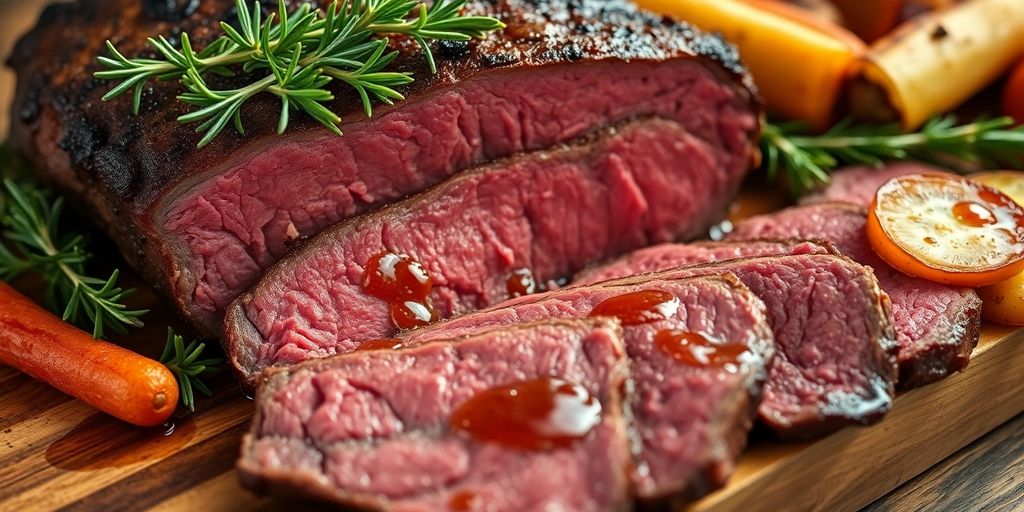 Cooked sirloin roast, sliced, with herbs and vegetables.