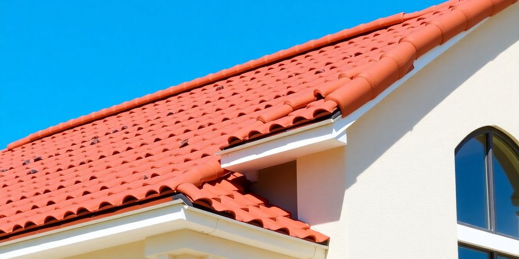 Modern remodeled roof with vibrant tiles against blue sky.