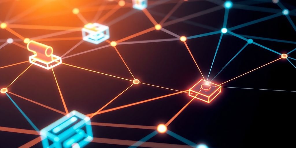 Glowing blockchain network with smart contract icons.