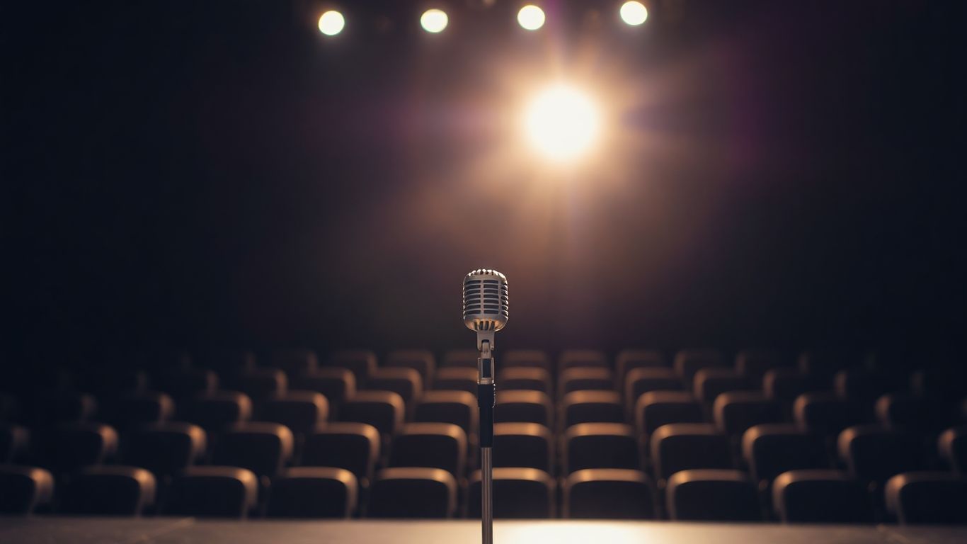 Spotlit microphone on a dark, empty stage.