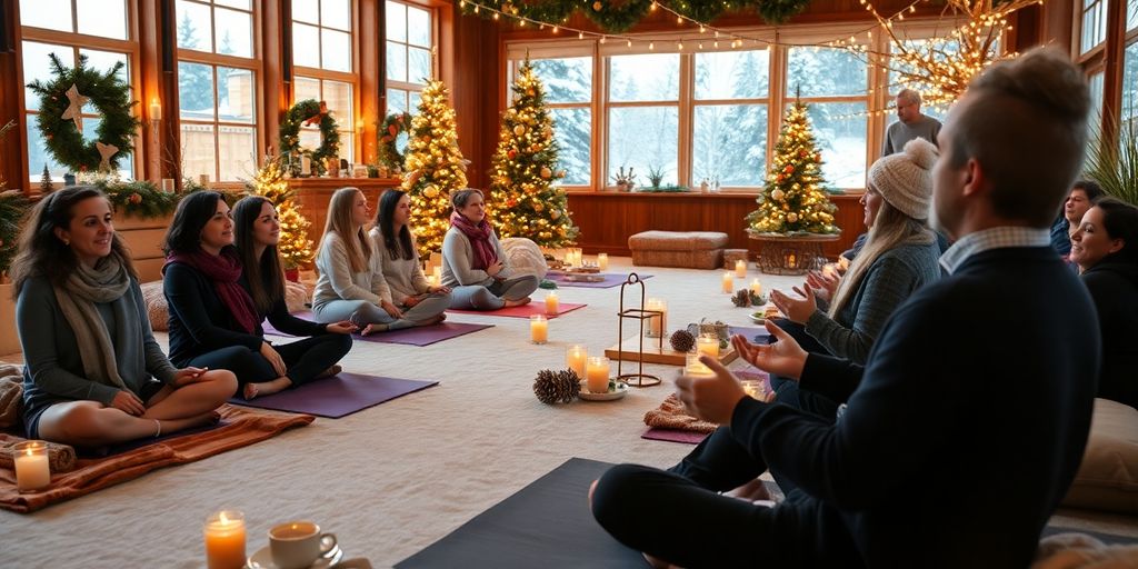 Guests enjoying a winter wellness party with festive decor.