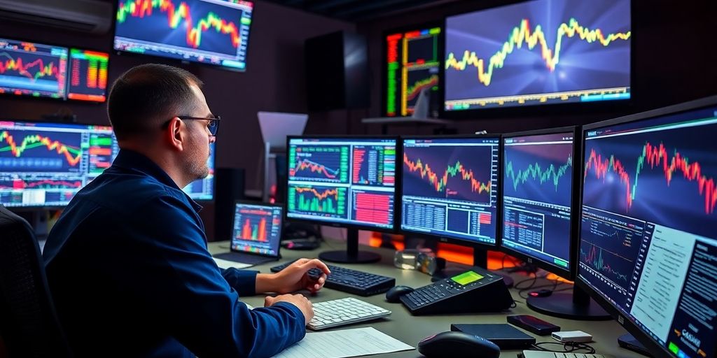 A trader at a desk surrounded by screens.