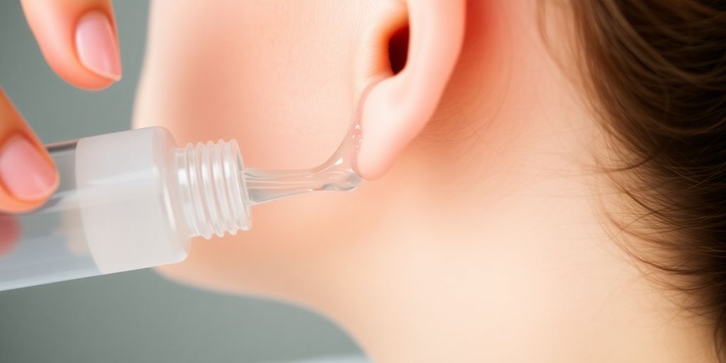 Person gently pouring saline solution into ear canal.