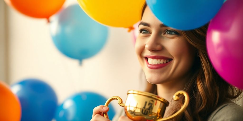 Person celebrating with a trophy and colorful balloons.