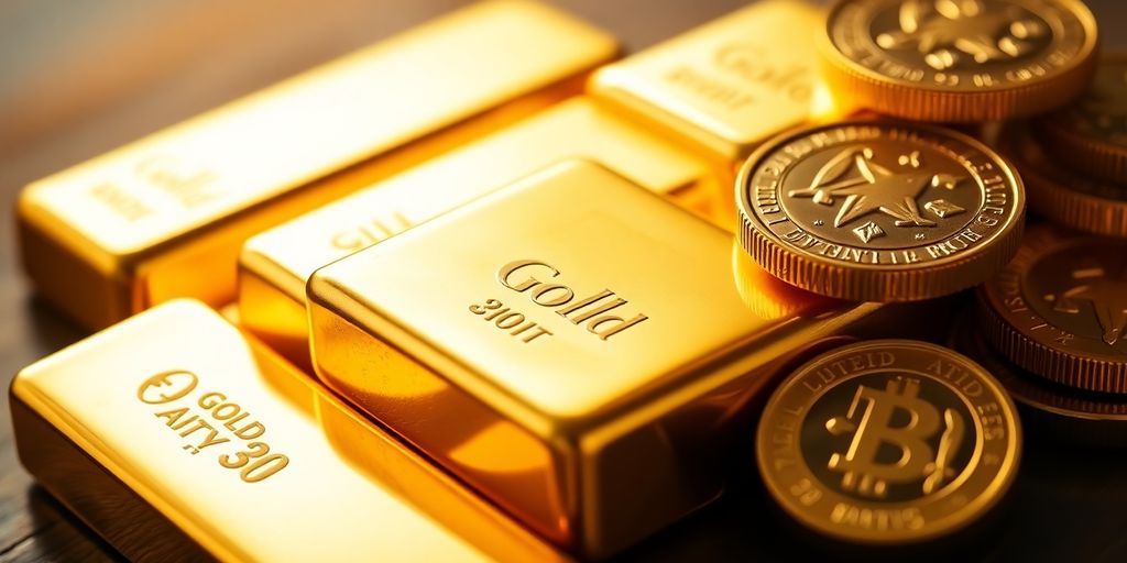 Des barres et pièces d'or brillantes sur une surface.
