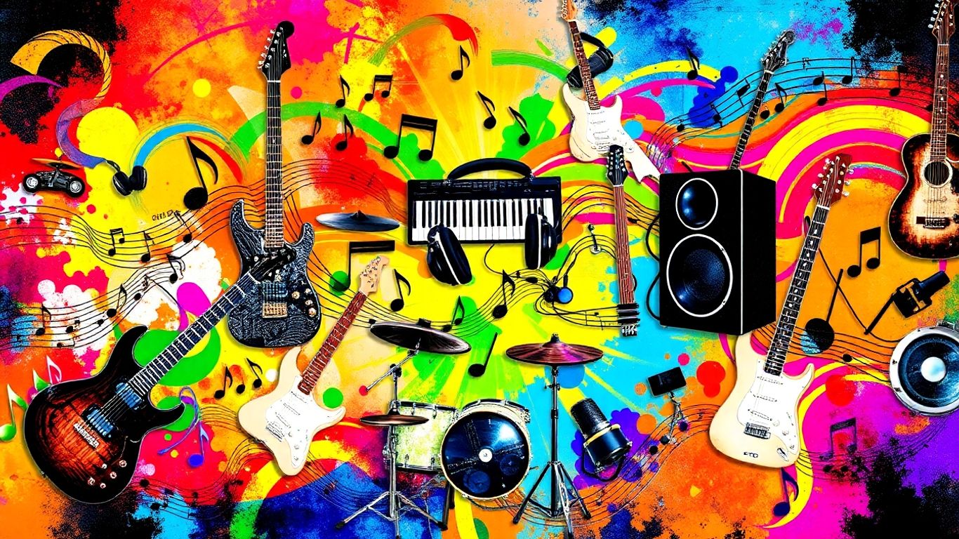 Instrumentos musicales y ondas sonoras con fondo dinámico y colorido.