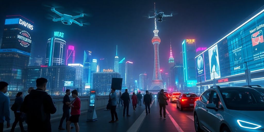 Futuristic city skyline with neon lights and technology.
