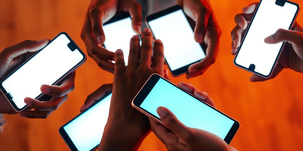 Diverse hands holding glowing phone screens, connected.